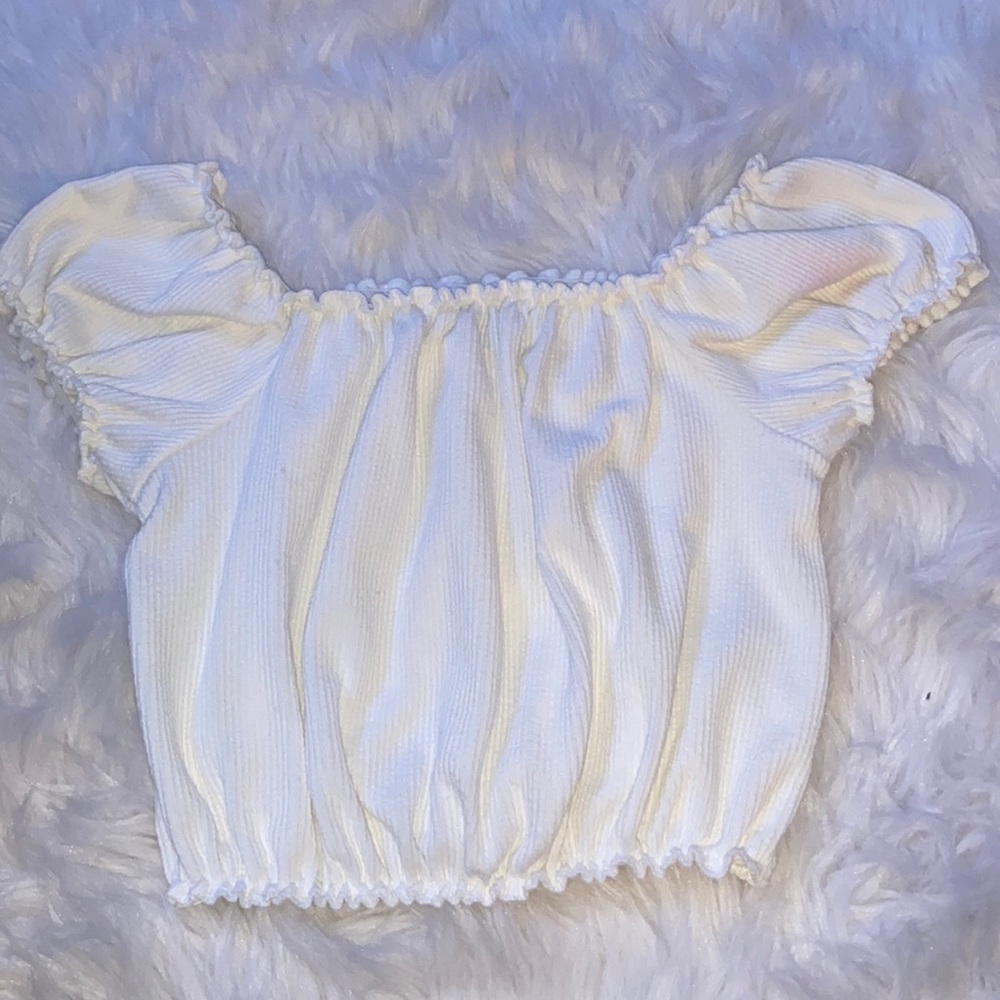 white off the shoulder cropped ruffled shirt